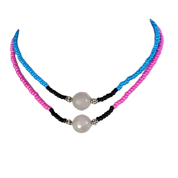 Adjustable 2 strand seed bead & quartz beaded choker necklace, 13" - 17" - Picture 3 of 8